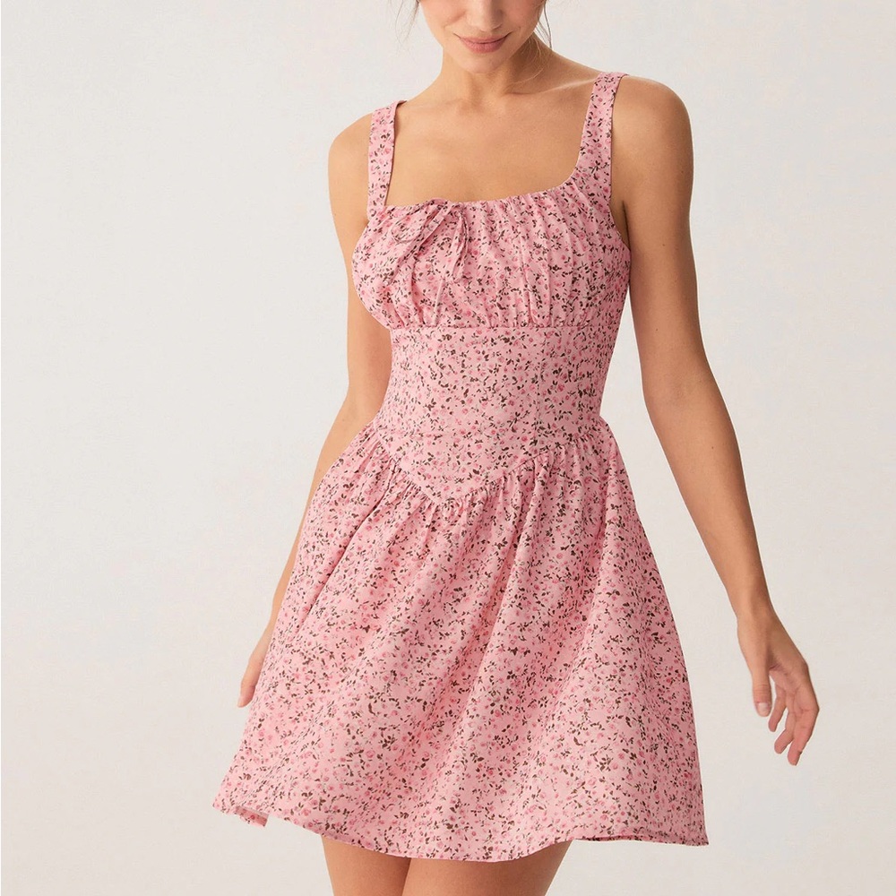 Rihoas Pink Floral Ruched Corset Slip Mini Dress